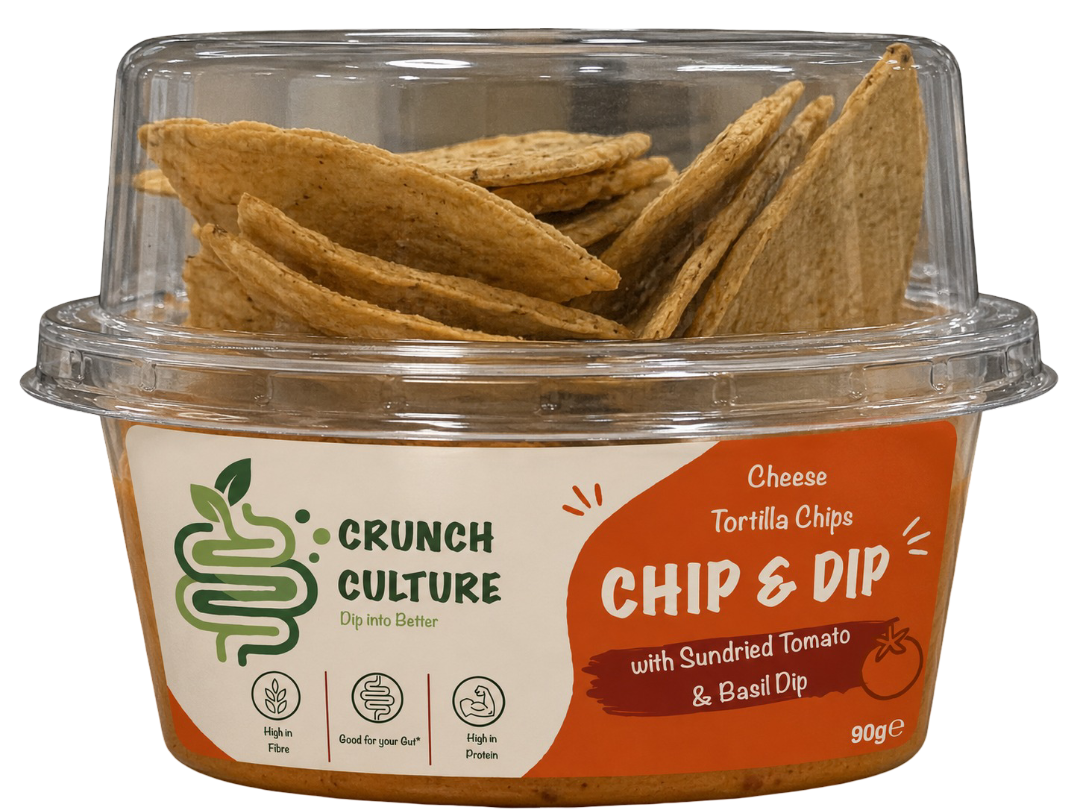 Crunch Culture 90g Cheese Tortilla Chips with Sundried Tomato and Basil Dip product cup